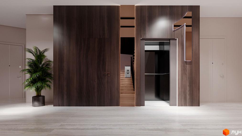 Інтер'єр холу в Житловому комплексі Residents Park з ліфтом, сходами та декоративною рослиною. Дизайн в темних тонах з дерев'яним оздобленням.