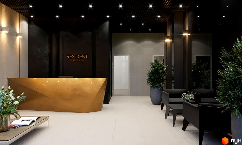 Лобі Житлового комплексу Resident Concept House з геометричною золотою стійкою рецепції та зоною очікування. Інтер'єр має темні стіни, світлу підлогу та декоративні рослини.