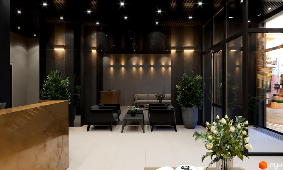 Просторий хол житлового комплексу Resident Concept House з зоною очікування, рецепцією та великими вікнами, що виходять на вулицю.