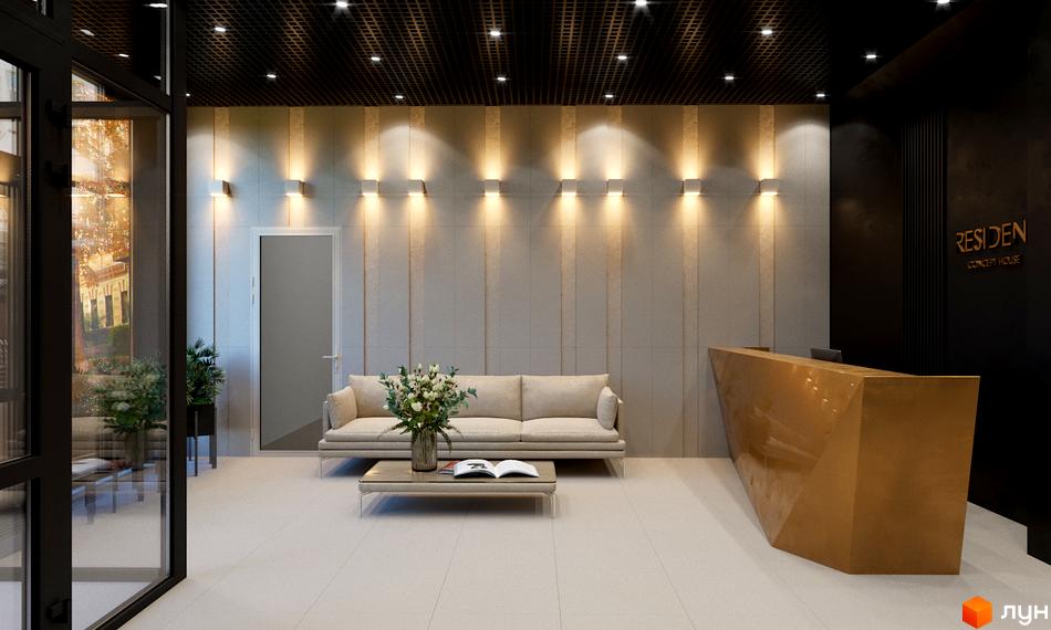Житловий комплекс Resident Concept House: лобі з рецепцією, зоною відпочинку та панорамним видом на територію.