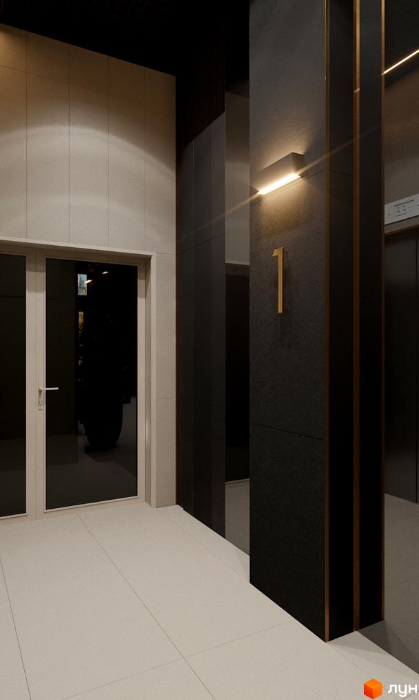 Інтер'єр вестибюлю Житлового комплексу Resident Concept House: світла плитка на підлозі, темні стіни з вертикальними золотистими вставками та номер поверху.