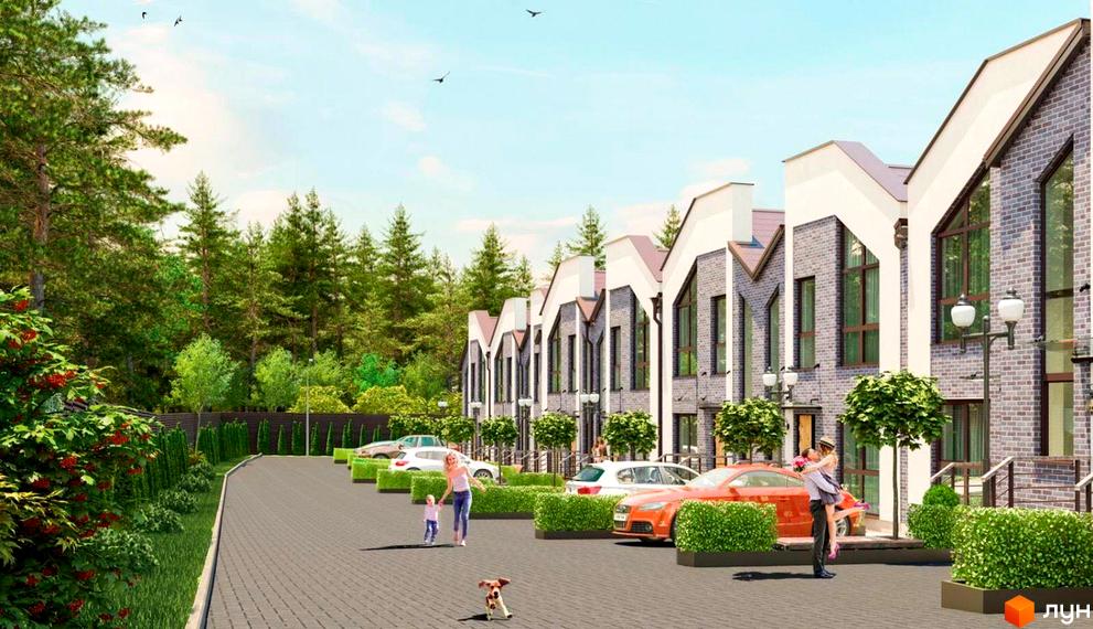 Зображення таунхаусів Family Town. На фото будинки з цегли з великими вікнами та прибудинкова територія з парковкою.