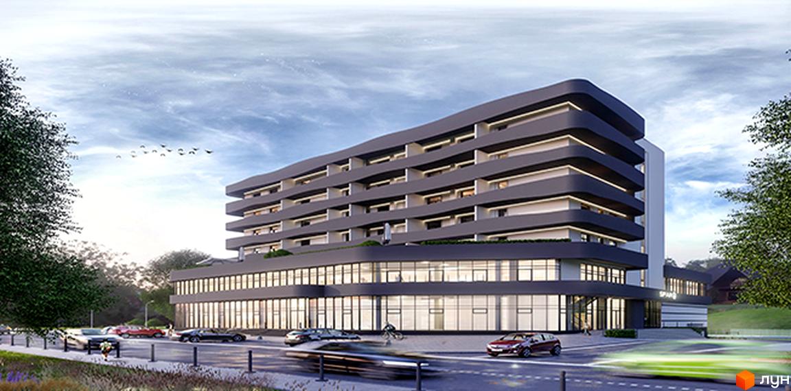 Зображення фасаду Житлового комплексу San Marco з великими вікнами та балконами. Навколо будинку видно дорогу з автомобілями та зелені насадження.