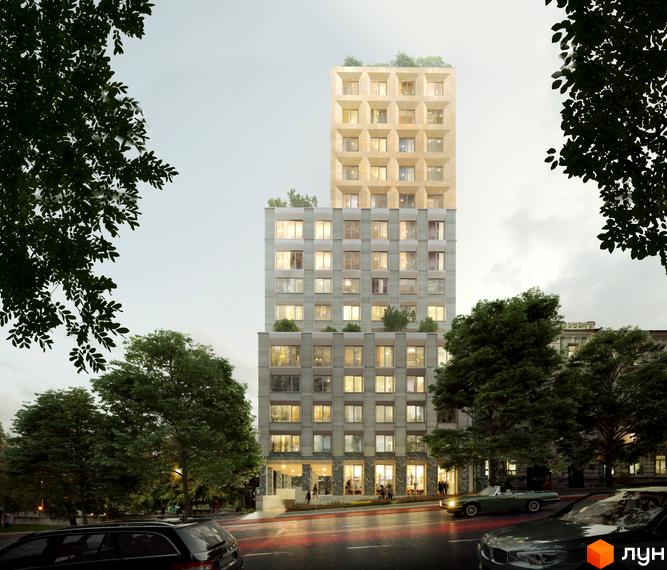 Житловий комплекс Resident Concept House: багатоповерховий будинок з сірим фасадом та бежевою верхньою частиною з рельєфними вікнами. Перед будинком дорога та зелені дерева.