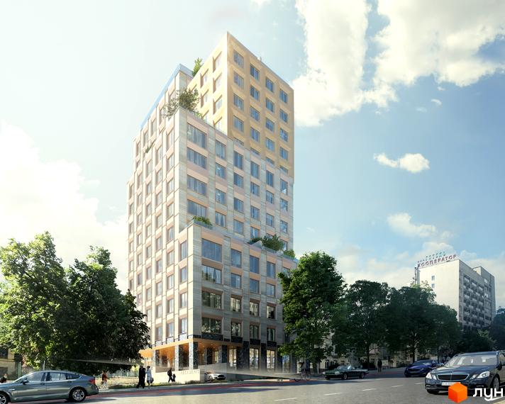 Житловий комплекс Resident Concept House з багатоповерховою світлою фасадною частиною та зеленими терасами. Навколо будівлі дорога з автомобілями та зелені дерева.