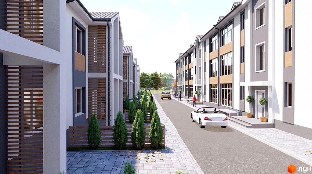 Зображення фасаду будинків Житлового комплексу Екологічний з прибудинковою територією. Вигляд на вулицю з автомобілями та пішоходами.