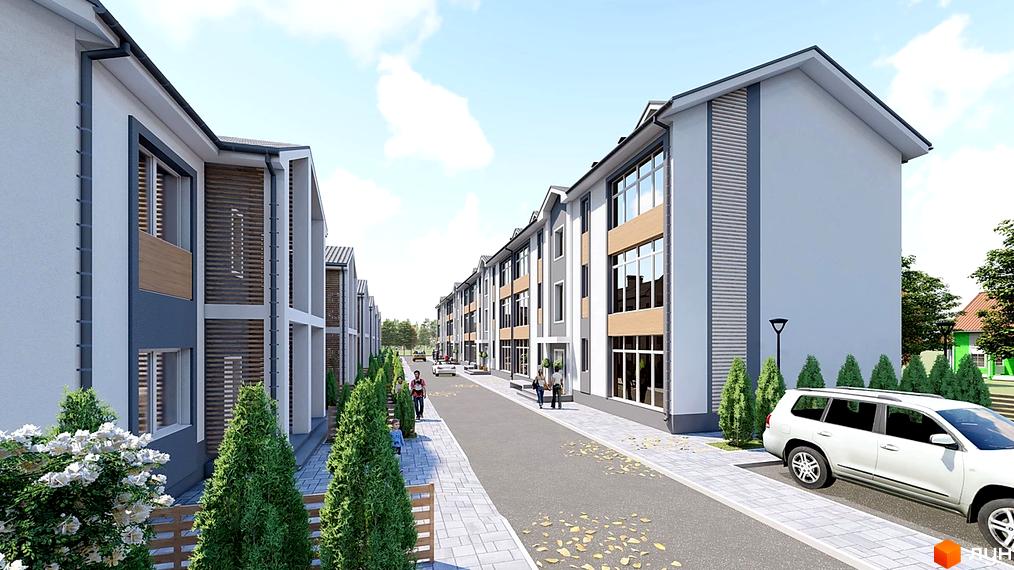 Зображення фасаду будинків Житлового комплексу Екологічний з великими вікнами та прибудинковою територією з деревами.