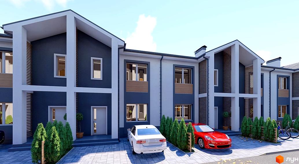 Зображення фасаду таунхаусів Житлового комплексу „Екологічний“ з припаркованими автомобілями та зеленими насадженнями.