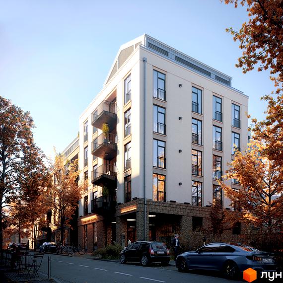 Зображення фасаду Житлового комплексу Княжий Холл. Багатоповерхова будівля з балконами та великими вікнами, поруч дерева та припарковані авто.