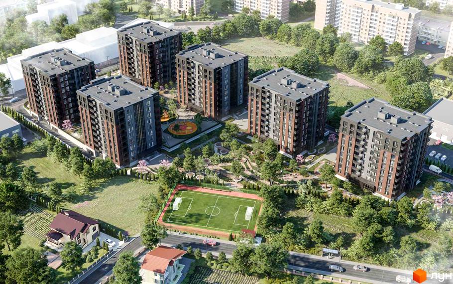 Житловий комплекс West Towers з багатоповерховими будинками та доглянутою прибудинковою територією, що включає дитячий майданчик та футбольне поле.