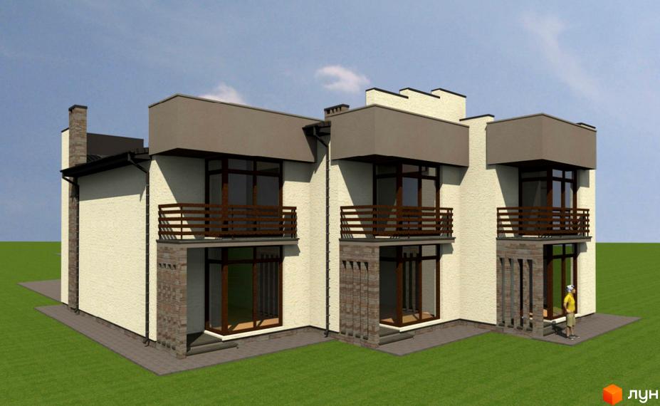 Зображення фасаду та прибудинкової території Новобудови по вулиці 22 січня. Триповерховий будинок з балконами та зеленим газоном.