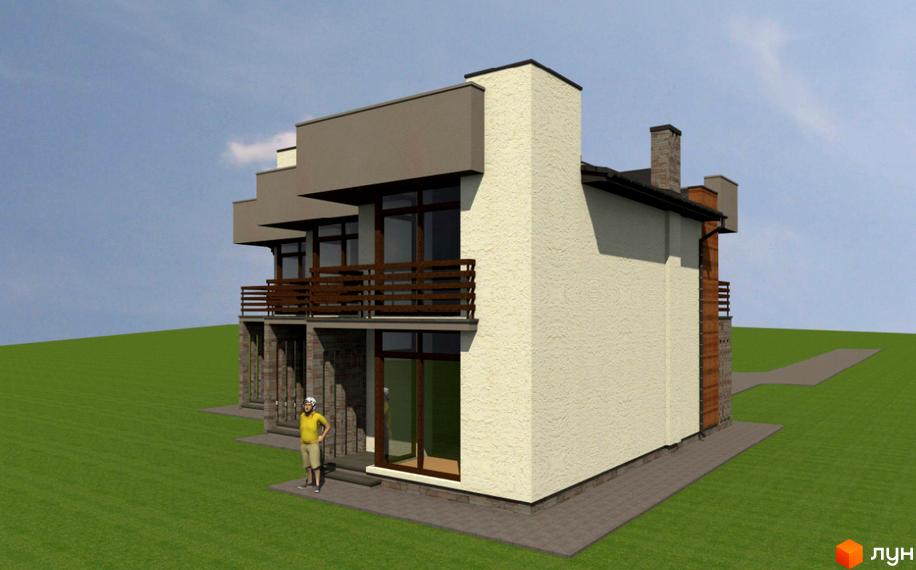 Зображення двоповерхового будинку з балконами. Навколо будинку зелений газон та тротуарна плитка.