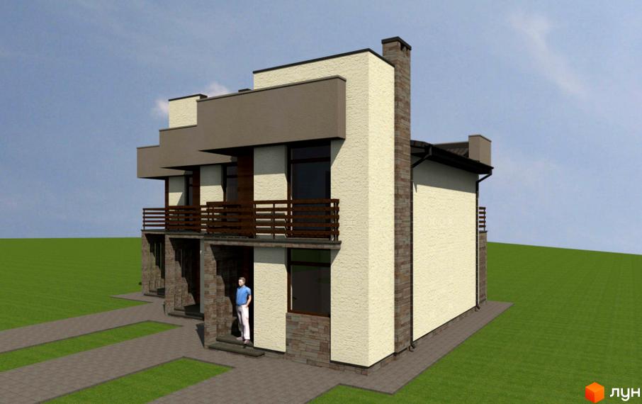 Зображення двоповерхового будинку на вулиці 22 січня з балконами та оздобленим фасадом. Навколо будинку зелений газон та доріжки.