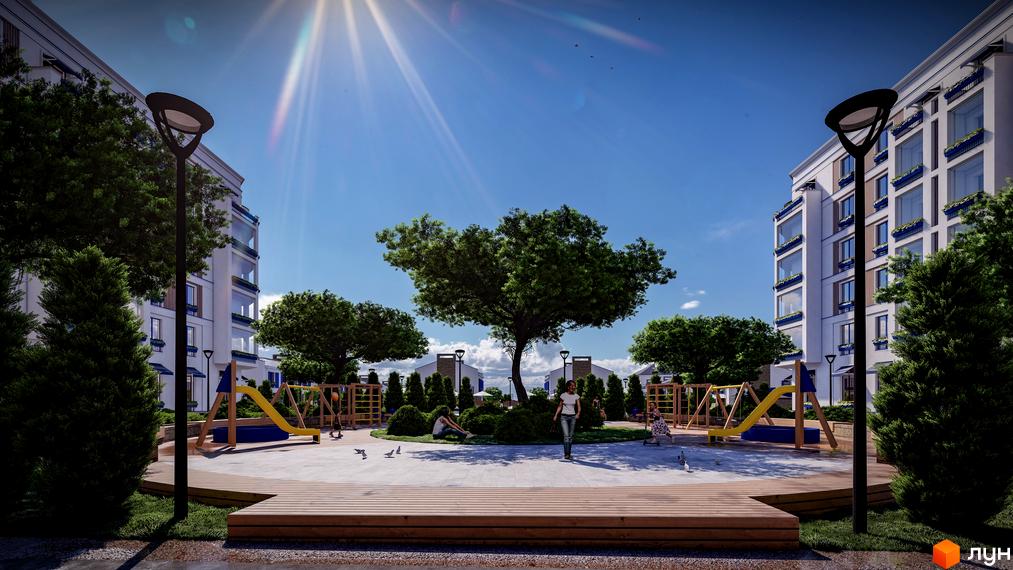 Житловий комплекс Club City з білими фасадами та великими вікнами. У дворі дитячий майданчик, дерева та пішохідна зона.