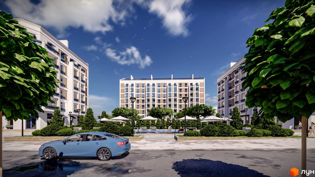 Зовнішній вигляд Комплексу Club City та прибудинкової території з ландшафтним дизайном. На передньому плані припаркований автомобіль.