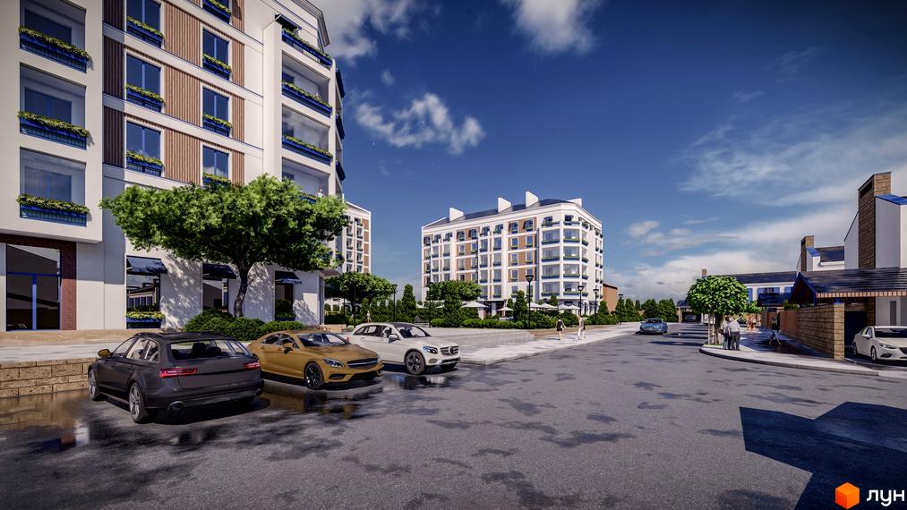 Зображення Житлового комплексу Club City: багатоповерхові будинки з балконами та квітами, припарковані авто та зелена прибудинкова територія.