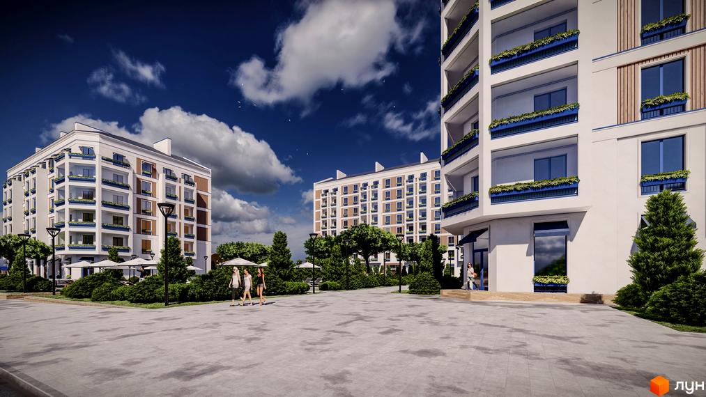 Зображення фасаду та прибудинкової території Житлового комплексу Club City. На передньому плані пішохідна зона з ландшафтним дизайном.