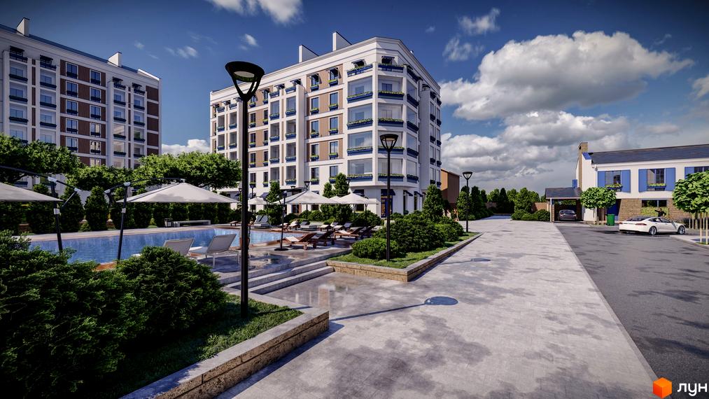 Зображення Житлового комплексу Club City з басейном та лаунж зоною. На задньому плані видно багатоповерхові будинки та зелені насадження.