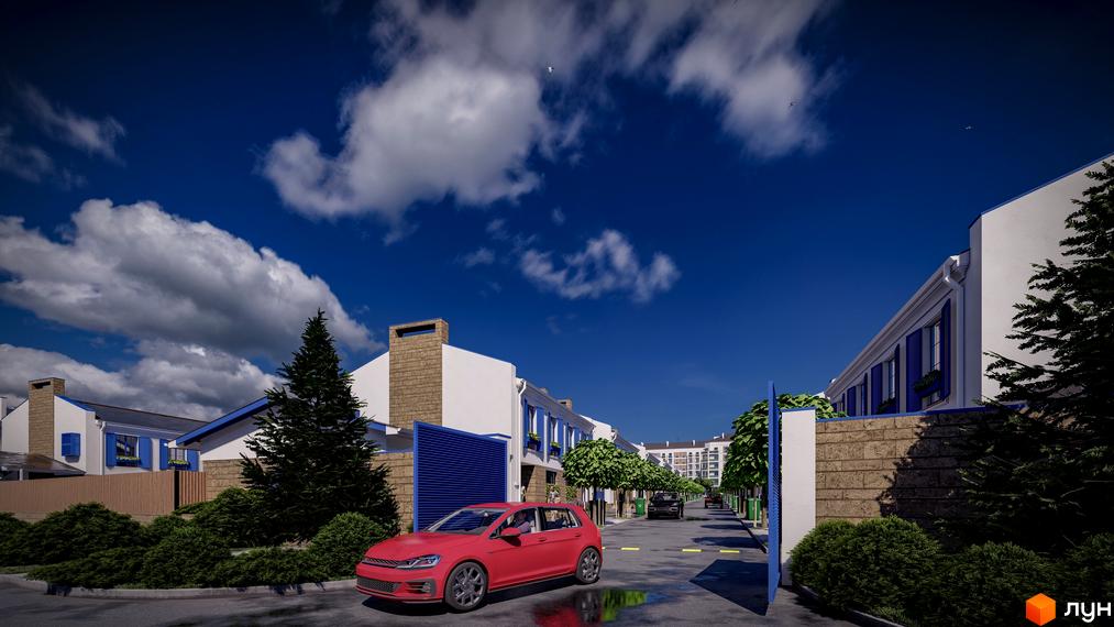 Зображення таунхаусів Club City з червоним авто на вулиці. Будинки з білими стінами та синіми віконницями, зелені насадження.