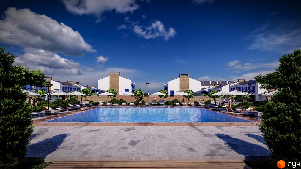 Зображення басейну в таунхаусах Club City. Навколо басейну розташовані лежаки та парасольки, а також зелені насадження.