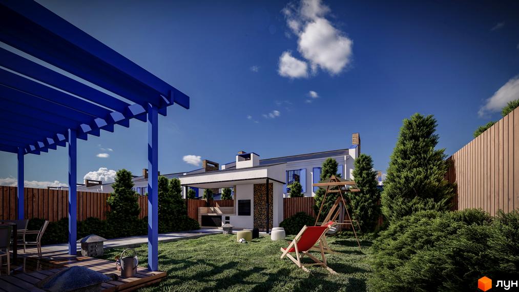 Зображення таунхаусів Club City з великою зеленою ділянкою, де є місце для відпочинку та дитячих ігор. На задньому дворі знаходиться мангал.