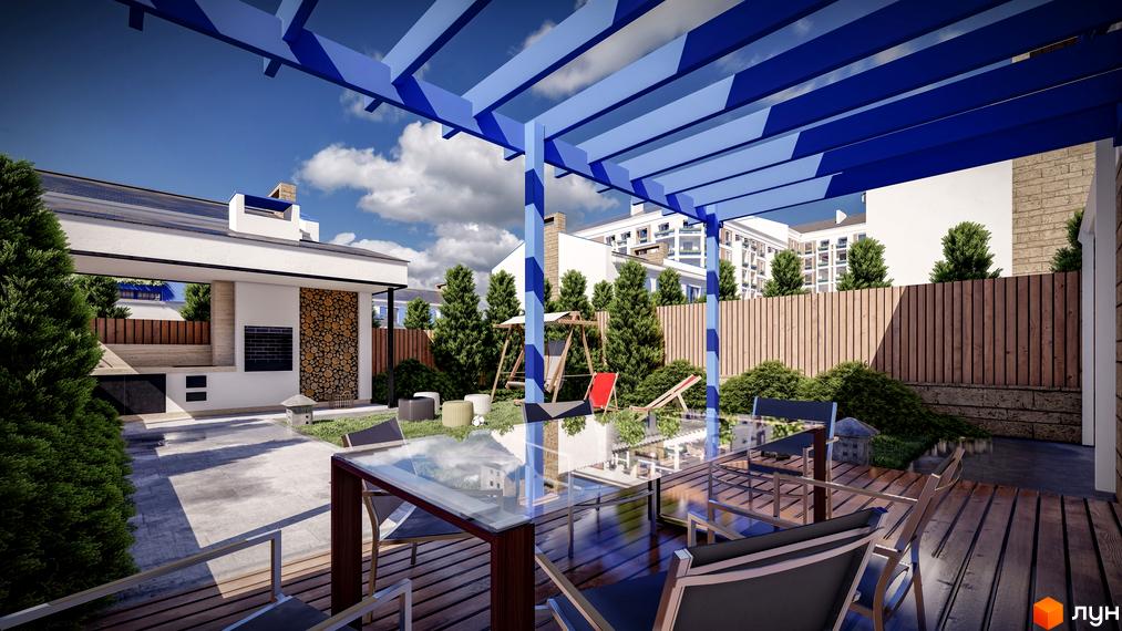 Вигляд таунхаусів Club City з двором та терасою. На задньому плані дерева, паркан та інші будівлі Житлового району.