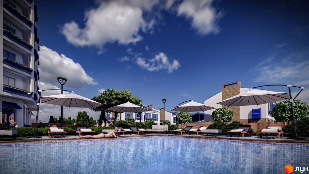 Зображення басейну в Котеджному комплексі Club City з лежаками та парасольками. Вигляд на будинки та блакитне небо.