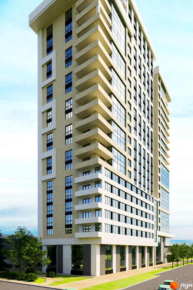 Висотна будівля ЖК Favorit з великими вікнами та балконами. На передньому плані зелена прибудинкова територія з деревами.