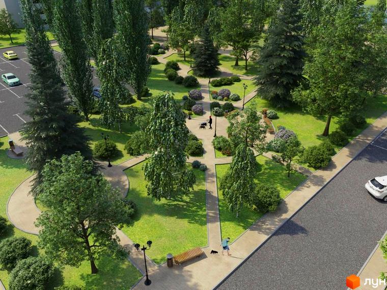 Зображення ЖК Favorit: мальовничий парк з алеями, лавками та зеленими насадженнями. Благоустрій прибудинкової території для комфортного життя.