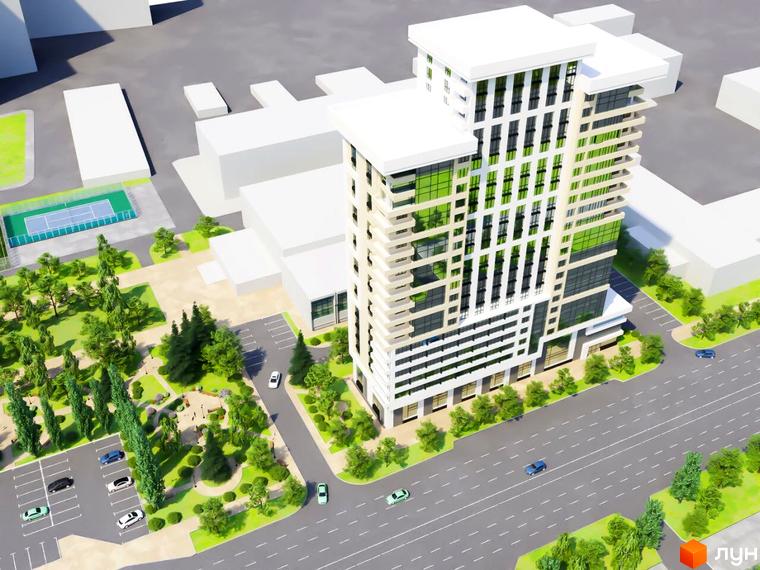 Житловий комплекс Favorit – висотна будівля з білими фасадами та зеленими вікнами. Прибудинкова територія має парковки, зелені насадження та дитячий майданчик.