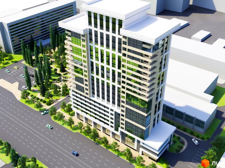 Багатоповерховий будинок Житловий комплекс Favorit з білими фасадами та зеленим склінням. Поруч розташовані зелена зона з деревами та парковка.