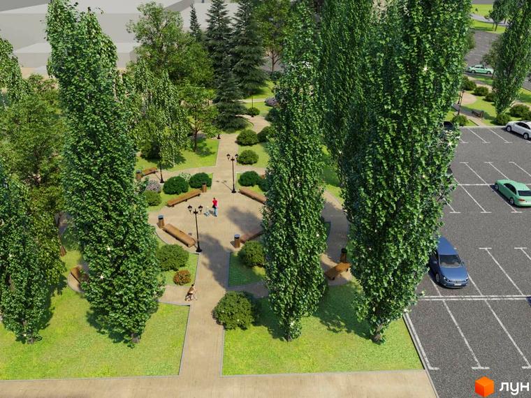 Прибудинкова територія Житлового комплексу Favorit. На зображенні видно зелений парк з високими деревами, лавками, доріжками та паркінг.