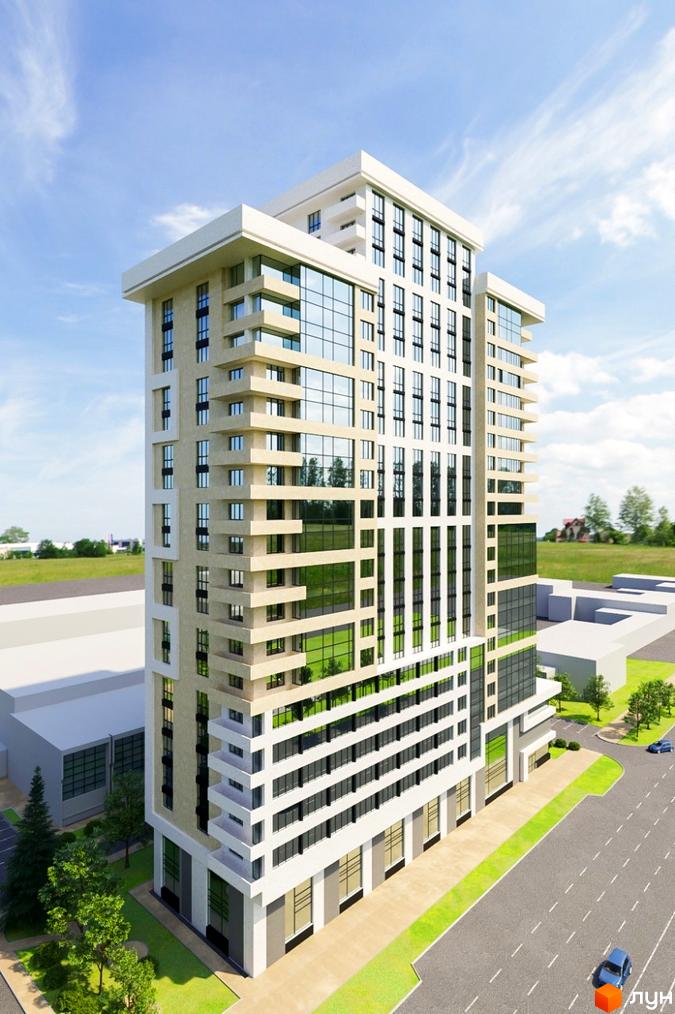 Висотна будівля ЖК Favorit з панорамними вікнами та світлим фасадом. На прибудинковій території є дерева, дорога та парковка.