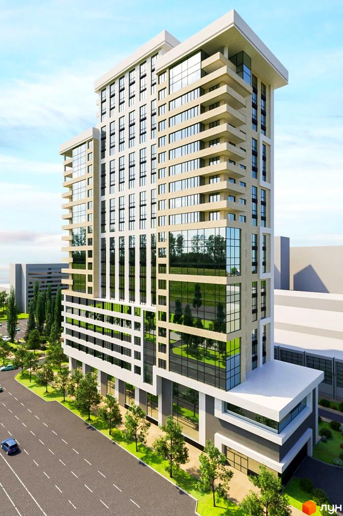 Висотна будівля ЖК Favorit з великими вікнами та балконами. Біля будинку розташована дорога з деревами та газонами.