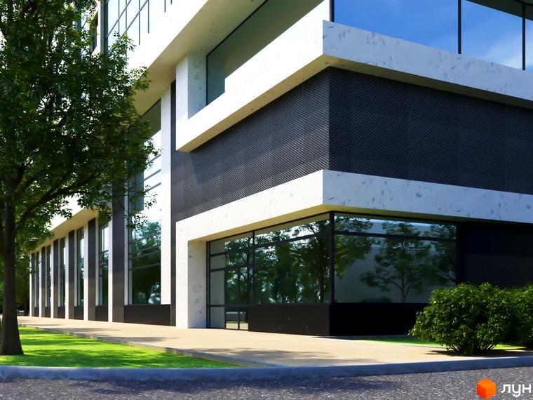 Житловий комплекс Favorit: фасад будівлі з великими вікнами, білими елементами та темними стінами, оточений зеленою зоною.