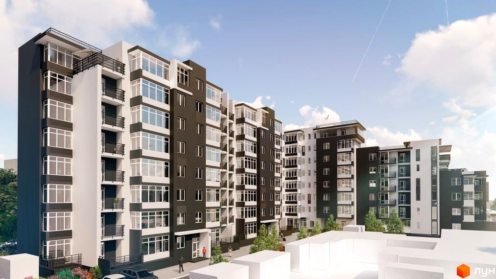 Зовнішній вигляд житлового комплексу Престиж Холл з темними та світлими фасадами, великими вікнами та балконами. Навколо комплексу видно зелені насадження та елементи прибудинкової території.