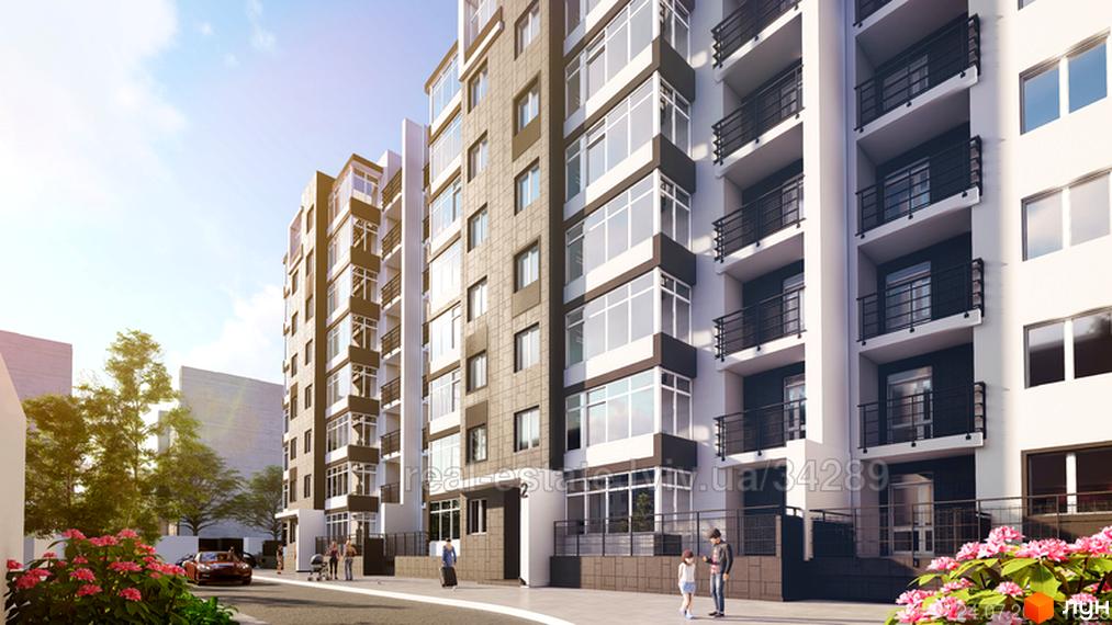 Зовнішній вигляд новобудови ЖК Престиж Холл з великими вікнами та балконами. На прибудинковій території видно автомобіль та квіти.