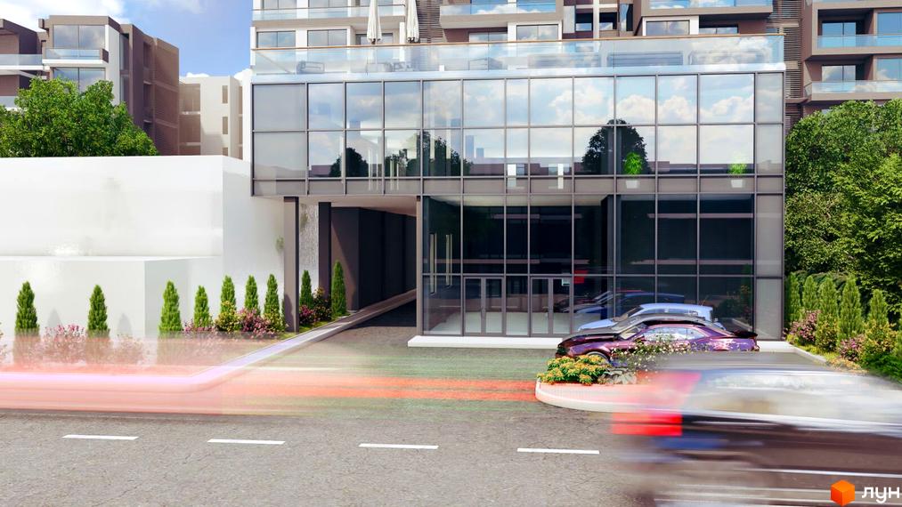 Новобудова Престиж Холл з панорамним склінням та доглянутою прибудинковою територією з деревами та квітами. Сучасний житловий комплекс з парковкою.