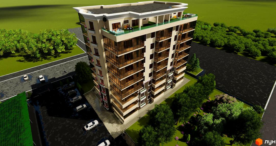 Зображення Житлового комплексу Dream House з великими вікнами та терасою на даху. Навколо будинку зелені насадження та парковка.