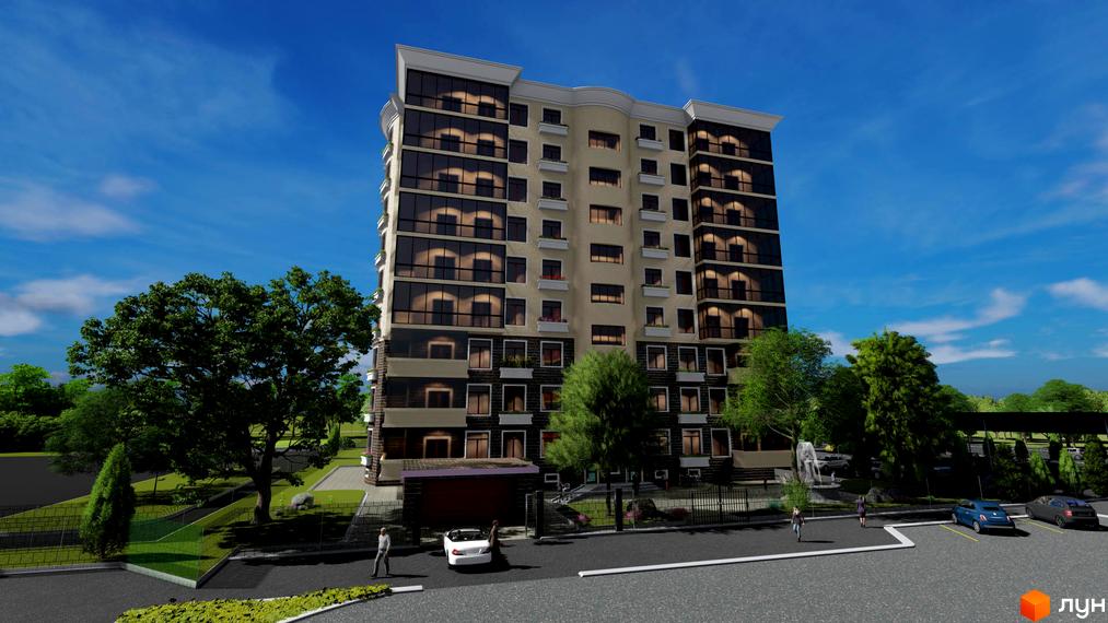 Зображення фасаду та прибудинкової території Житлового комплексу Dream House. Багатоповерхова будівля з великими вікнами, зелені насадження.