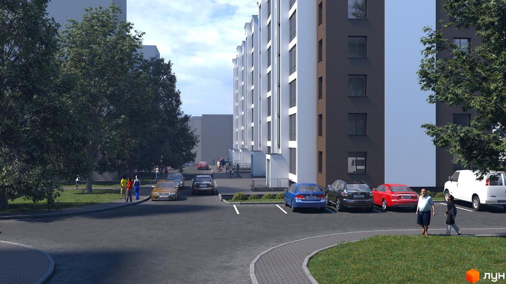 Зображення фасаду та прибудинкової території Житлового комплексу Central House. На передньому плані парковка з автомобілями.