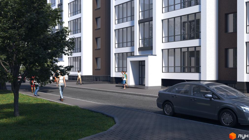 Вигляд фасаду будинку Житлового комплексу Central House та прибудинкової території з тротуаром і автомобілем.