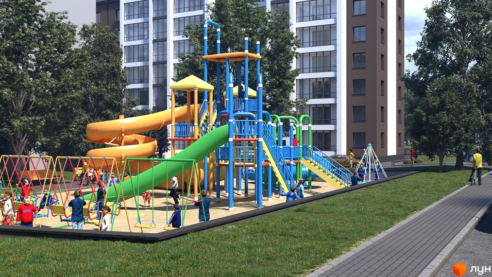 Зображення Житлового комплексу Central House з дитячим майданчиком на прибудинковій території. Багатоповерховий будинок з великими вікнами.