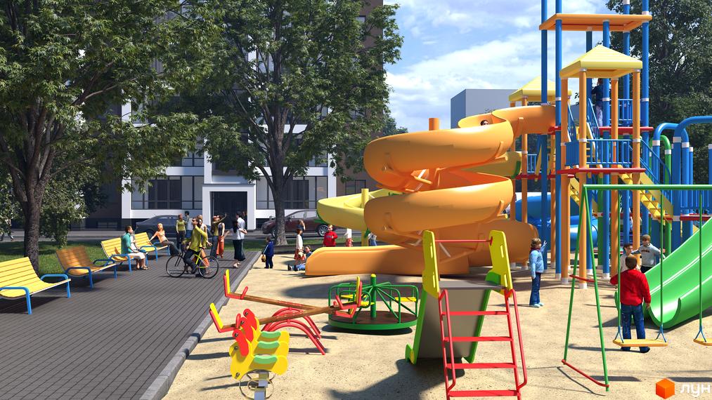 Зображення дитячого майданчика біля будинку Житлового комплексу Central House. Навколо багато зелені та місць для відпочинку.