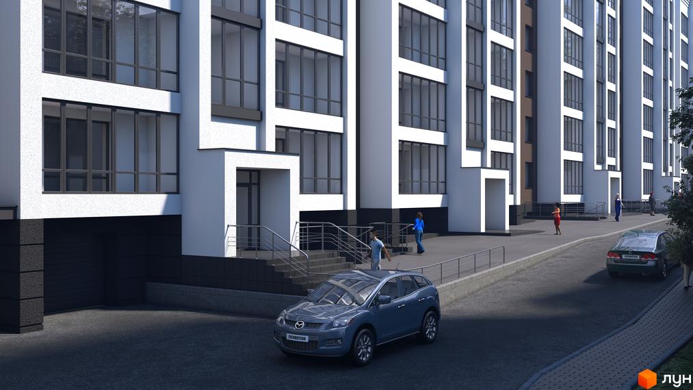 Зображення фасаду будинку Житлового комплексу Central House з великими вікнами та прилеглою територією.