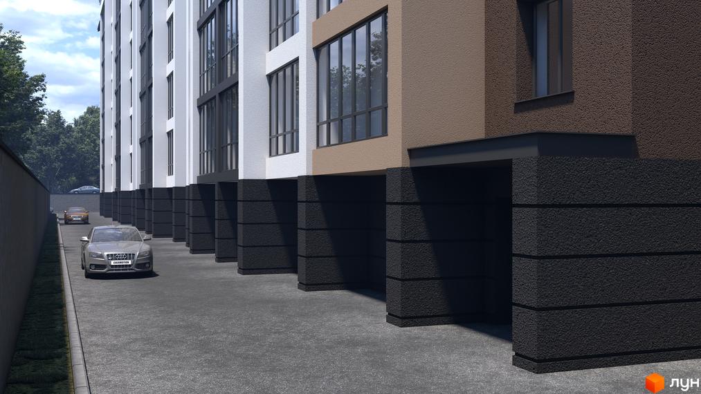 Зображення фасаду та прибудинкової території Житлового комплексу Central House. На передньому плані автомобілі на парковці.