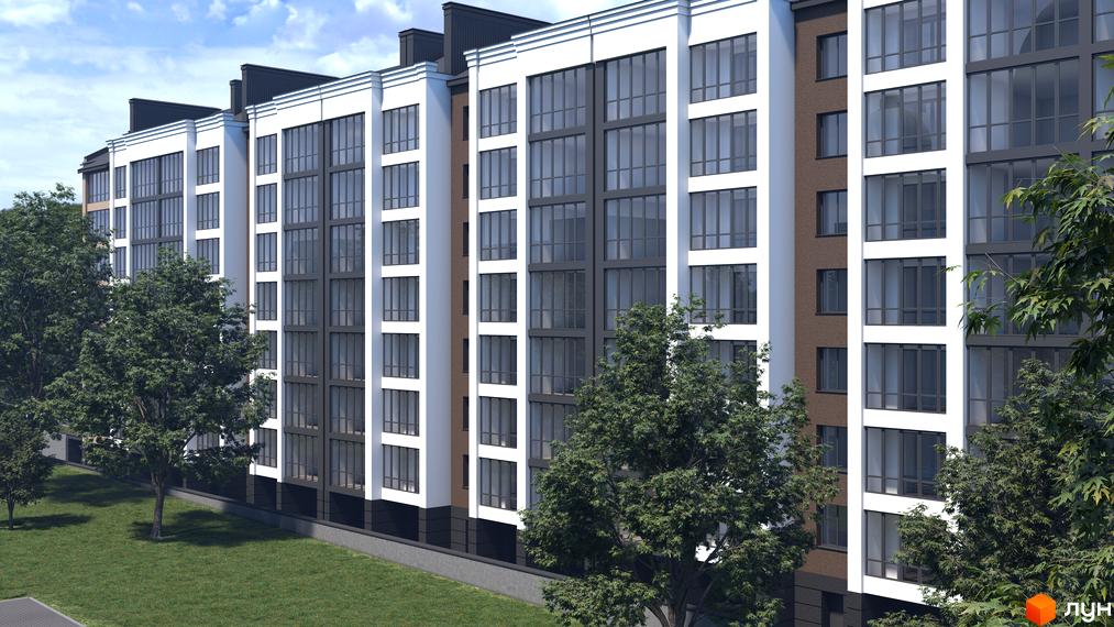 Зовнішній вигляд Житлового комплексу Central House з великими вікнами та прибудинковою територією з деревами.