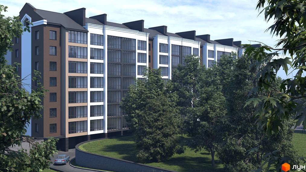 Зображення фасаду будинку Житлового комплексу Central House та прибудинкової території з деревами і газоном.