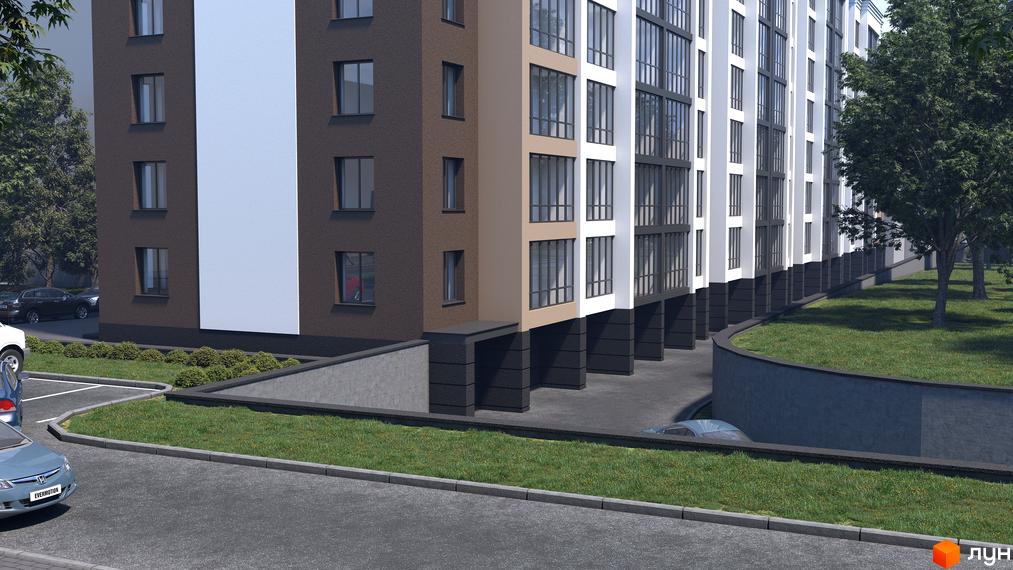 Зовнішній вигляд будинку в Житловому комплексі Central House з прибудинковою територією та паркінгом.