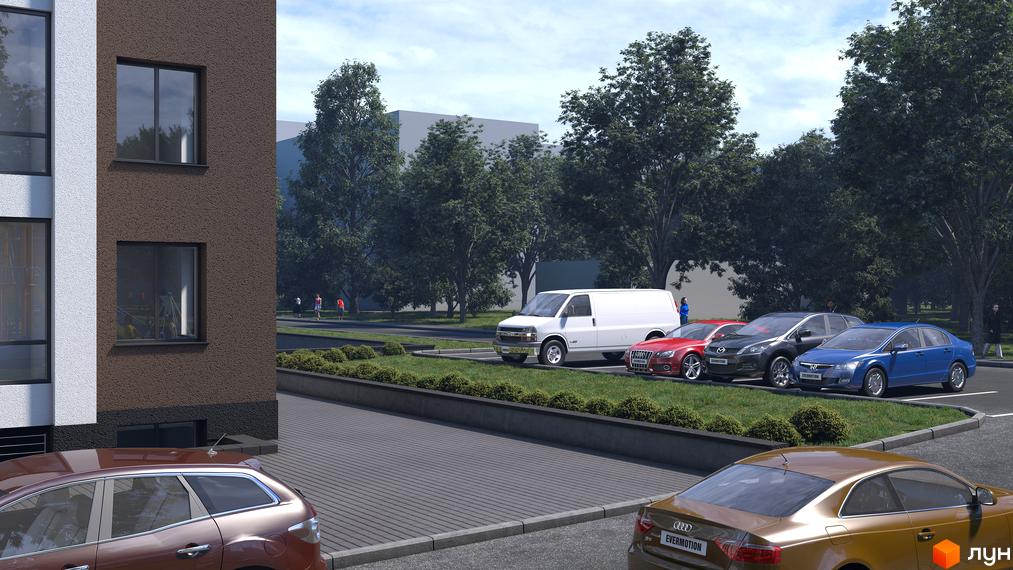 Зображення фасаду та прибудинкової території Житлового комплексу Central House. На передньому плані автомобілі.